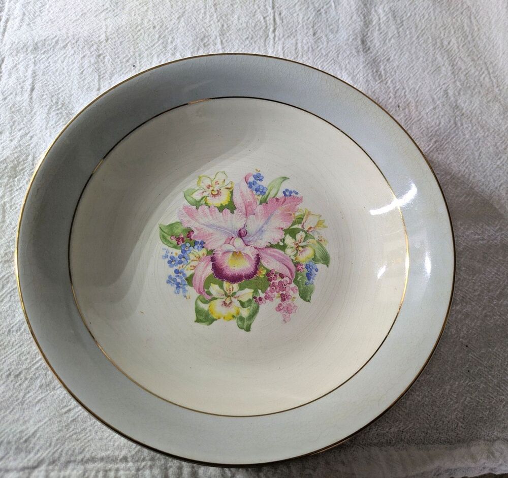 Vintage Royal China Inc. BLUE ORCHID 8.75" Shallow Bowl 22-K Gold Trim N-8